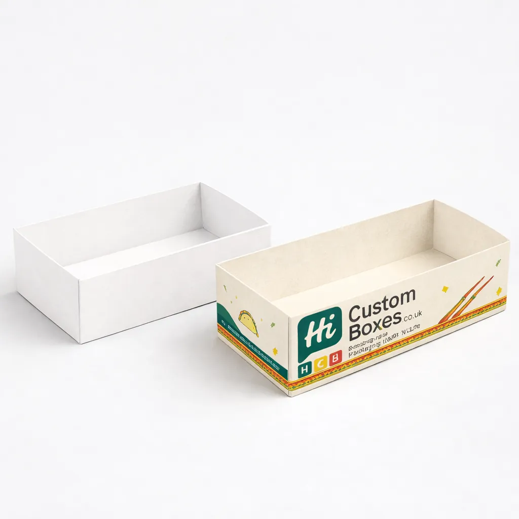 Two cardboard serving trays, one plain white and one branded for takeaway taco street food. class=